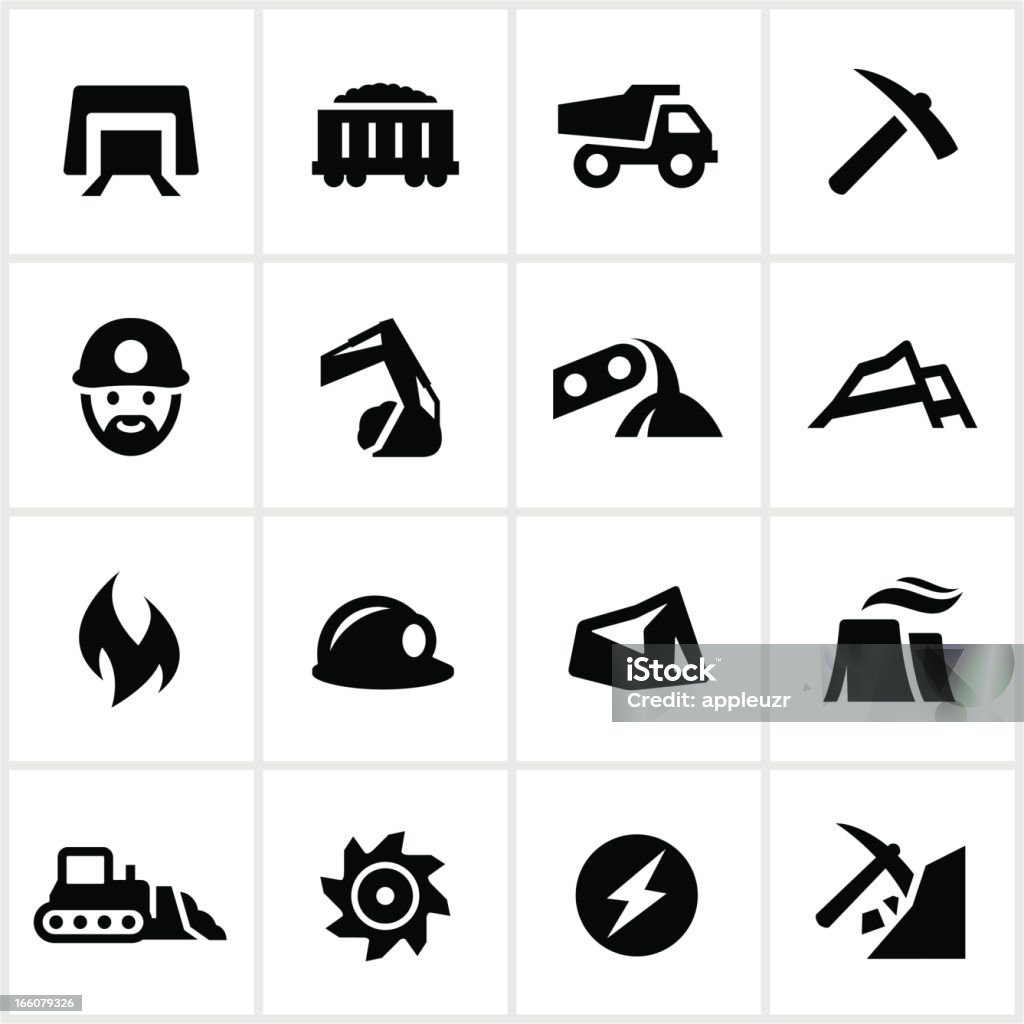 Black and white set of coal mining icons Coal mining related icons. All white strokes/shapes are cut from the icons and merged allowing the background to show through. Pit Mine stock vector