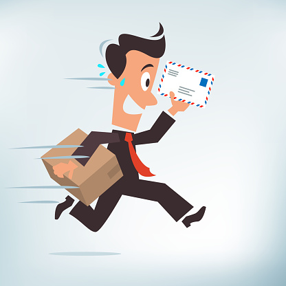 Vector illustration of a businessman rushing to   deliver a letter and a package. High resolution JPG file included.