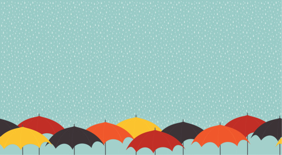 Contemporary styled illustration of colorful umbrellas in the rain.  Seamless - repeats horizontally.  AI CS4 file and large jpg included.  All elements labeled and organized on separate layers for easy changes. 