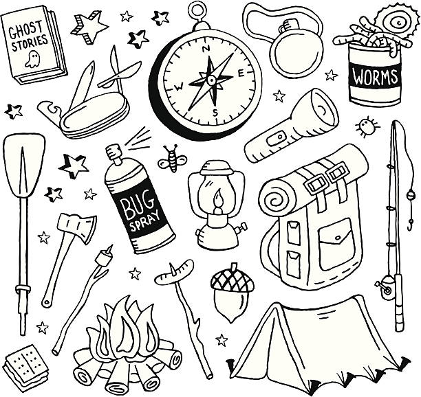 Camping Doodles A camping-themed doodle page. backpack illustrations stock illustrations
