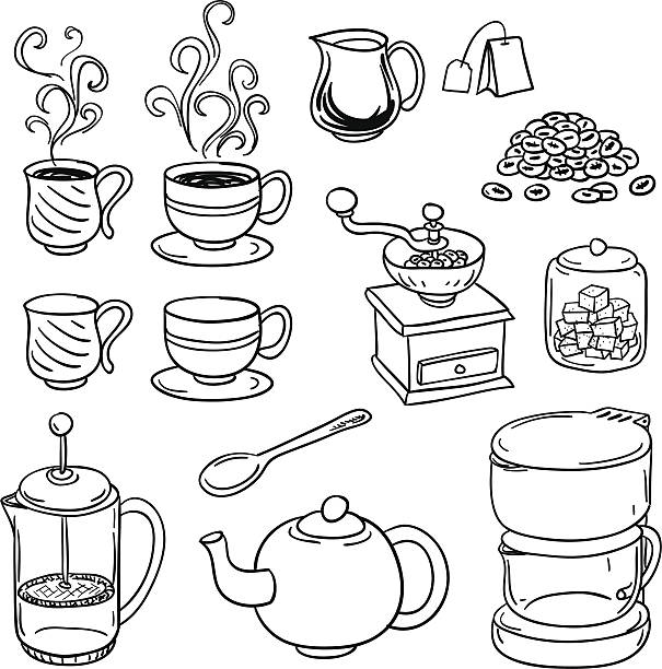 ilustraciones, imágenes clip art, dibujos animados e iconos de stock de equipos para preparar té y café en blanco y negro - coffee black coffee cup coffee bean