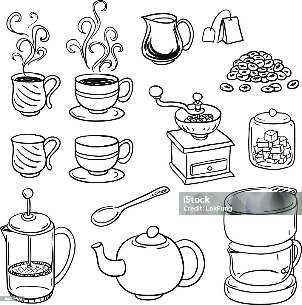 Tea Coffee equipment in black and white Tea and Coffee equipment in black and white Coffee - Drink stock vector