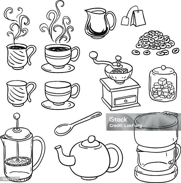 Tea Coffee Equipment In Black And White Stock Illustration - Download Image Now - Coffee - Drink, Tea - Hot Drink, Drawing - Art Product