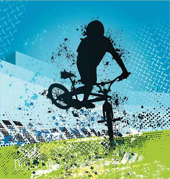 ilustraciones, imágenes clip art, dibujos animados e iconos de stock de grunge bmx de motorista - bmx cycling sport teenagers only teenager