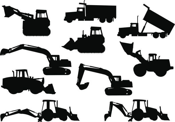 illustrations, cliparts, dessins animés et icônes de silhouettes du matériel lourd - earth mover bulldozer construction equipment digging