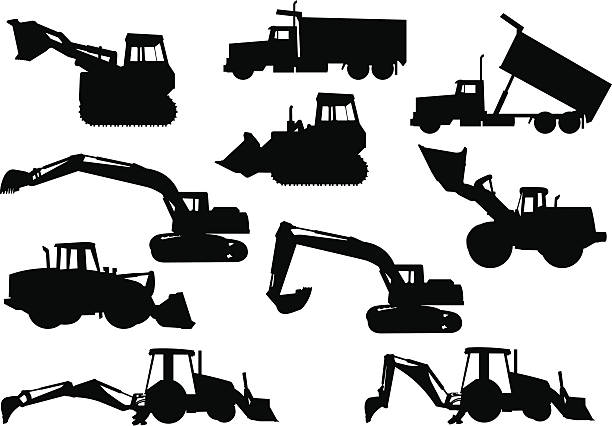 тяжелое оборудование силуэты - industrial equipment dump truck bulldozer mining stock illustrations