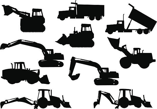 Heavy Equipment Silhouettes A collection of heavy equipment silhouettes. Collection consists of a track loader, wheel loader, dump truck, excavator and a backhoe. truck silhouettes stock illustrations