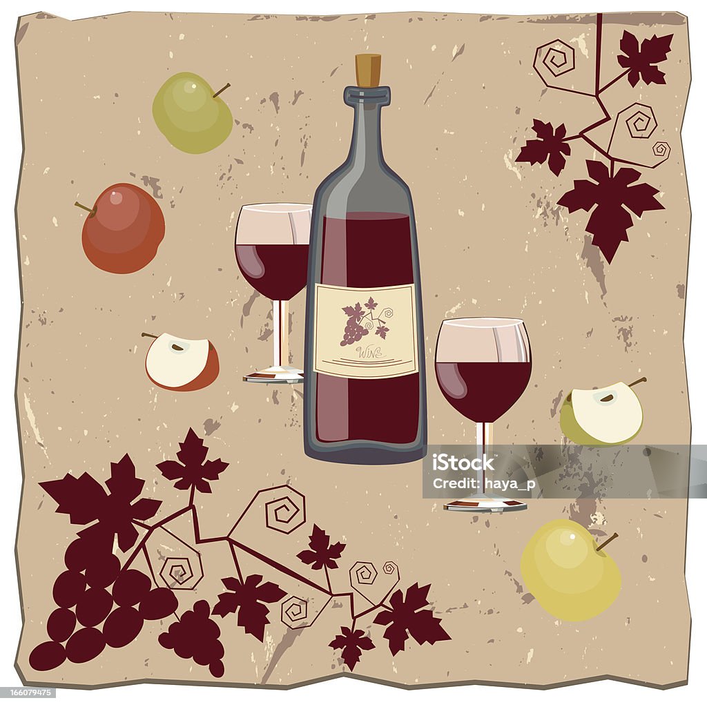 Pommes, une bouteille de vin et vigne - clipart vectoriel de Pomme libre de droits