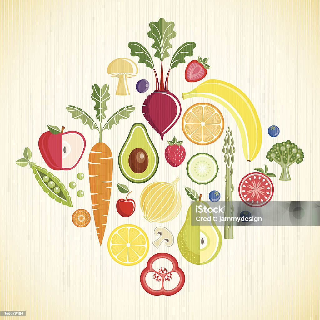 Fruits and Vegetables Various Fruits and Vegetables on a textured background. Layered file. Vegetable stock vector