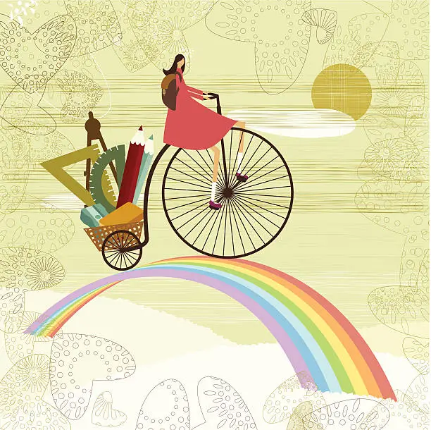 Vector illustration of School girl and rainbow