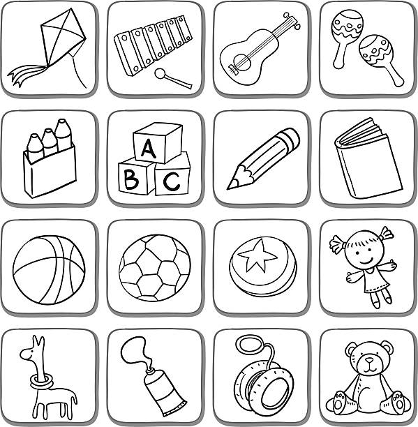 illustrazioni stock, clip art, cartoni animati e icone di tendenza di doodle giocattolo set di icone in bianco e nero - pencil drawing alphabet capital letter text