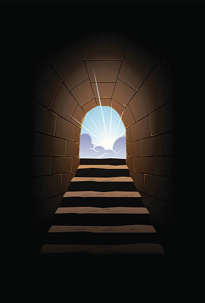 Sun & Cave Stairs An image of cave stairs leading up to the sunlight. There are 5 separate layers in this file to make editing this image easier. The gradient background, stone lines, stone highlights, stair details are separate from the Sun, clouds, stairs and doorway. light at the end of the tunnel stock illustrations