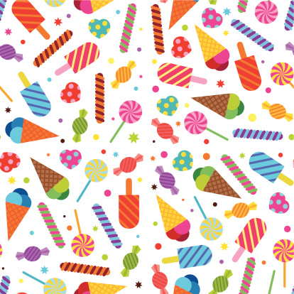 Seamless wallpaper background featuring sweets, treats, candy and icecreams.