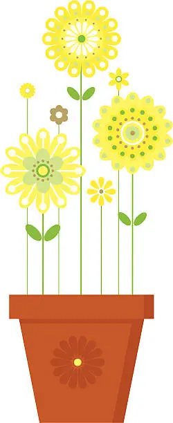 Vector illustration of Growing Sunny Flowers in Plant Pot