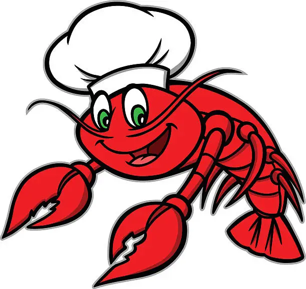 Vector illustration of Cartoon drawing of red crawfish wearing chef's hat