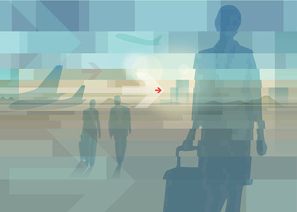 businesstrip EPS 10 Vector illustration about traveling businesspeople on airport, with some arrow shapes. Used transparencies, opacityes, blends and simple gradients. Easy to edit. RGB color mode. (include AI-CS3, EPS10, JPEG 2800x1996px) airport designs stock illustrations