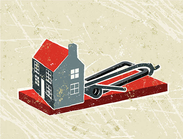 House and mousetrap Mortgage! A stylized vector cartoon of a mousetrap and a house suggesting temptation, trap, risk, entrapment, mortgage, loan, house hold finances, challenge or real estate . Money, trap, paper texture and background are on different layers for easy editing. Please note: clipping paths have been used,  an eps version is included without the path. entrapment stock illustrations