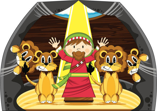 Cute Daniel & the Lions Biblical Scene vector art illustration