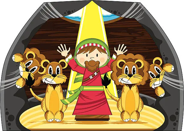 Vector illustration of Cute Daniel & the Lions Biblical Scene