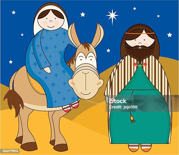 Ilustración de Pesebre Con Joseph And Mary Riding A Mule y más Vectores Libres de Derechos de Burro - Animal - Burro - Animal, Montar, Viñeta
