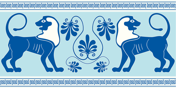 Greek border with lions in blue and white colors