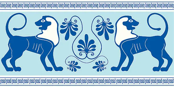 Vector illustration of Greek border with lions in blue and white colors