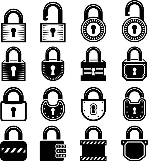 Vector illustration of Locks black & white royalty free vector icon set