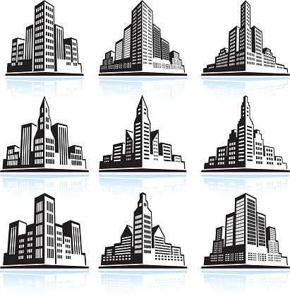 City Skyline and Buildings black & white icon set