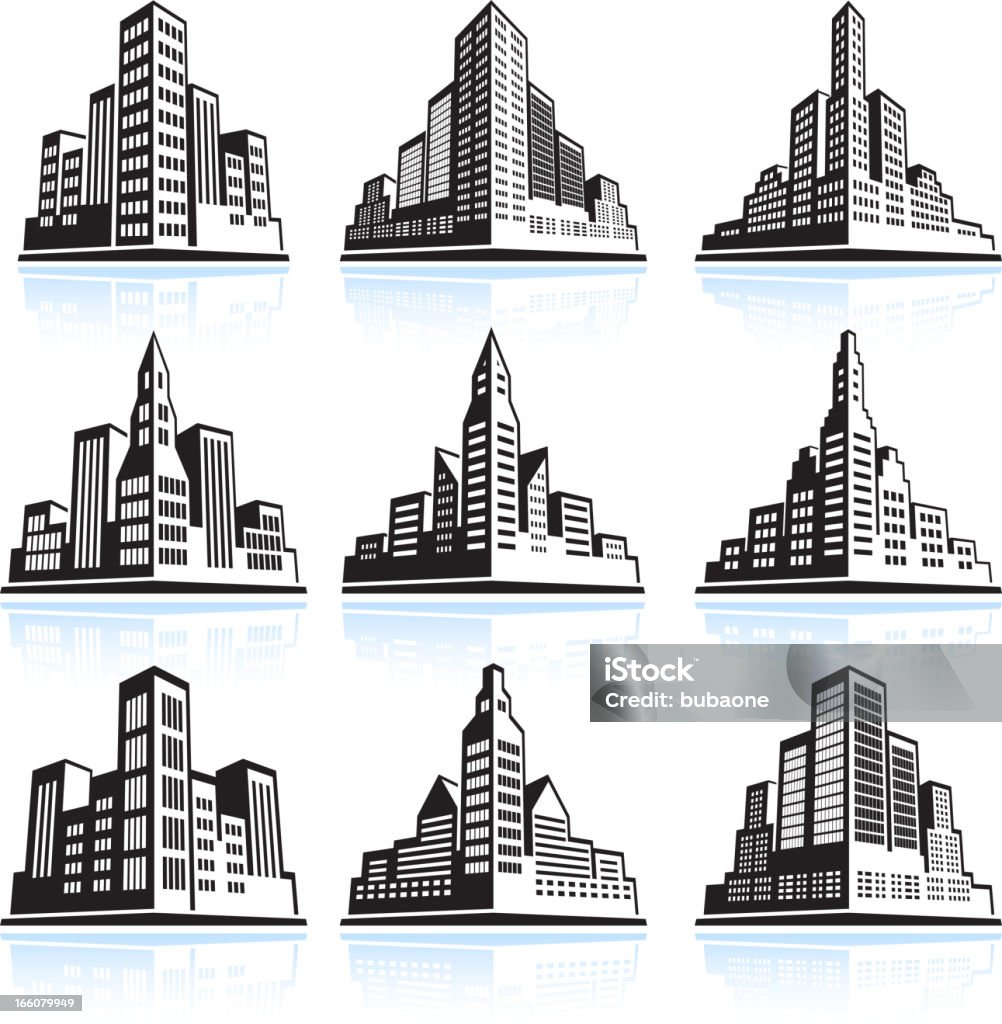 City skyline panoramic vector icon set City Skyline and Buildings black & white icon set Office Building Exterior stock vector