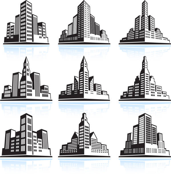 City skyline panoramic vector icon set City Skyline and Buildings black & white icon set penthouse icon stock illustrations