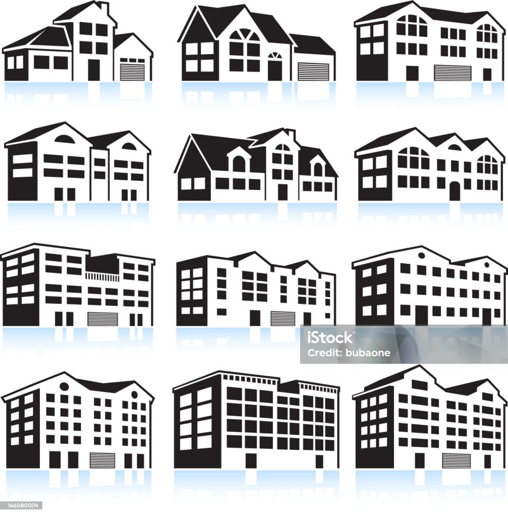 3 D дом и апартаменты комплекса & белый значок набор черный - Векторная графика Иконка роялти-фри