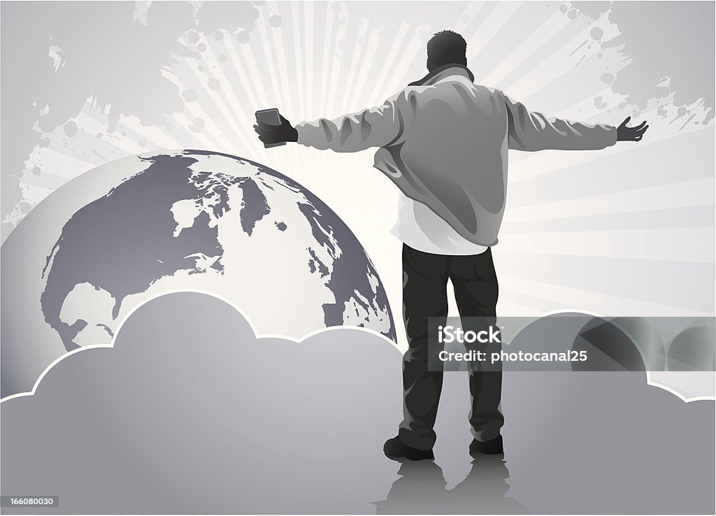 World Control from The Cloud Young man controlling the world from The Cloud. Abstract stock vector