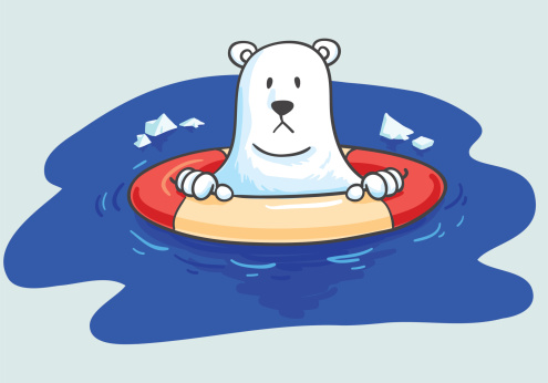 Homeless polar bear with a life buoy cartoon illustration