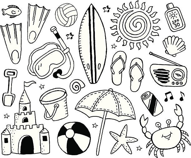 ilustraciones, imágenes clip art, dibujos animados e iconos de stock de playa y garabatos - aleta equipo de buceo