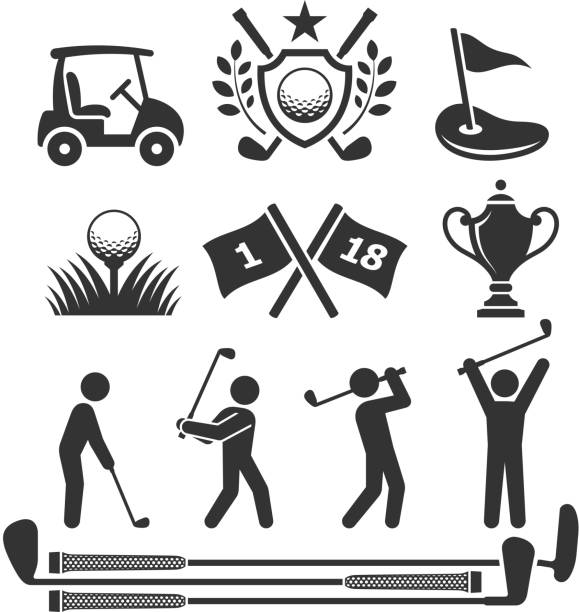 illustrazioni stock, clip art, cartoni animati e icone di tendenza di icone di golf e stick figure - golf swing golf golf club golf ball