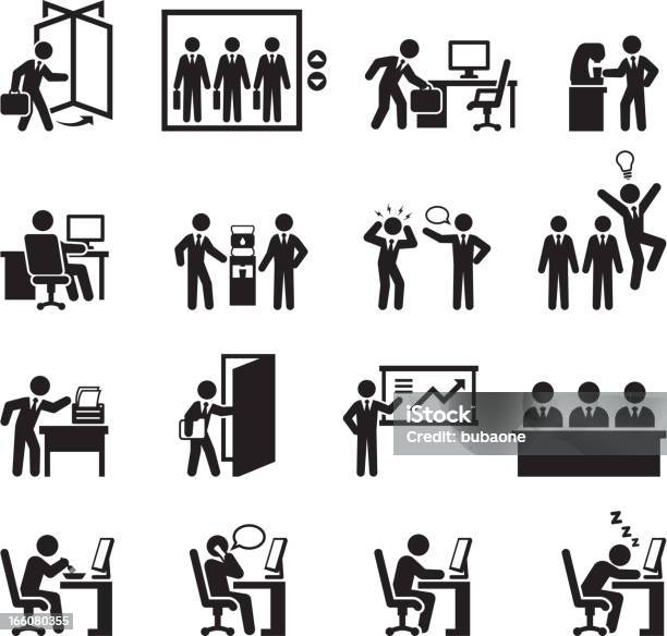 Büro Themen Schwarz Und Weißillustrationset Stock Vektor Art und mehr Bilder von Icon - Icon, Drehtür, Büro