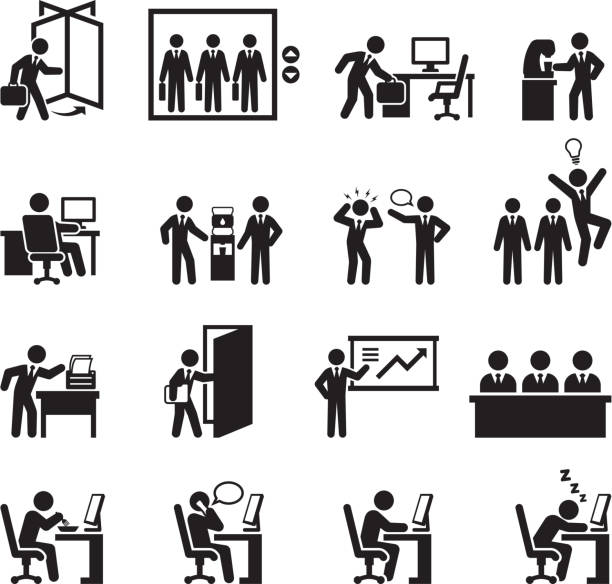 오피스 테마 검은색과 인명별 일러스트 설정 - coffee board room office meeting stock illustrations