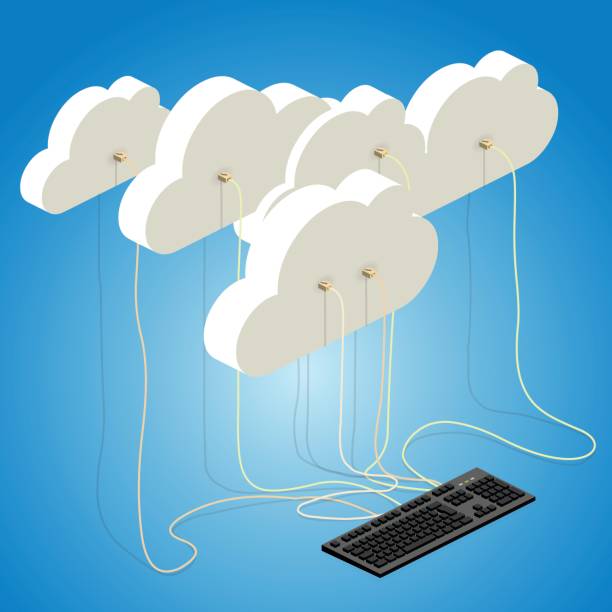 cloud computing black computer keyboard connected to data clouds via ethernet cables. cable network connection plug computer cable internet stock illustrations