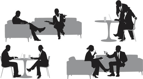Silhouette of business executives discussing Silhouette of business executives discussinghttp://www.twodozendesign.info/i/1.png restaurant table side view stock illustrations