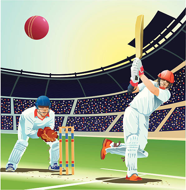 Batsman Striking Cricket Ball for Four Runs Illustration showing a cricket player hitting the ball for the boundry. Every image is placed on separate layer for easy editing. High resolution JPG and Illustrator 0.8 EPS included. batsman stock illustrations