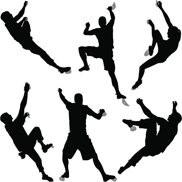 illustrazioni stock, clip art, cartoni animati e icone di tendenza di silhouette di sei scalatori indoor bouldering in una palestra di arrampicata - clambering