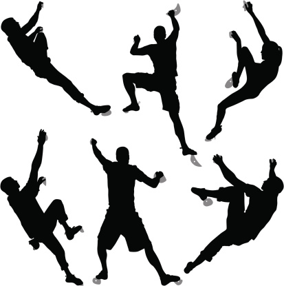 Vector illustration silhouettes of six climbers bouldering at an indoor climbing gym.