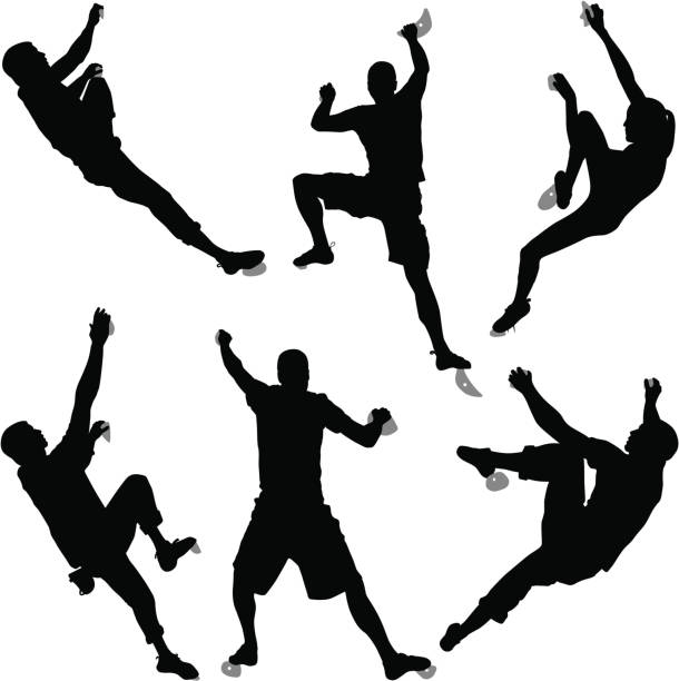 Silhouettes Of Six Climbers Bouldering At An Indoor Climbing Gym Vector illustration silhouettes of six climbers bouldering at an indoor climbing gym. clambering stock illustrations
