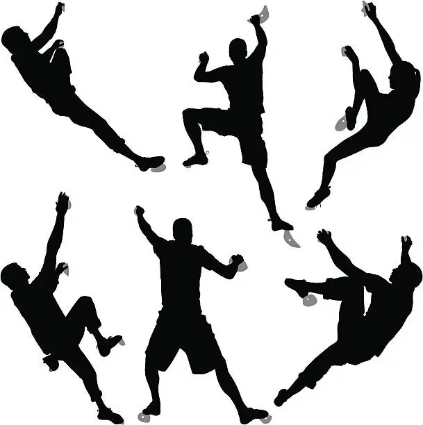 Vector illustration of Silhouettes Of Six Climbers Bouldering At An Indoor Climbing Gym