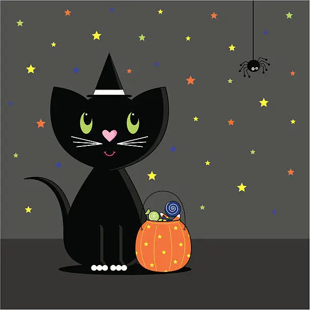 Vector illustration of Halloween Black Cat with Trick or Treat Pumpkin