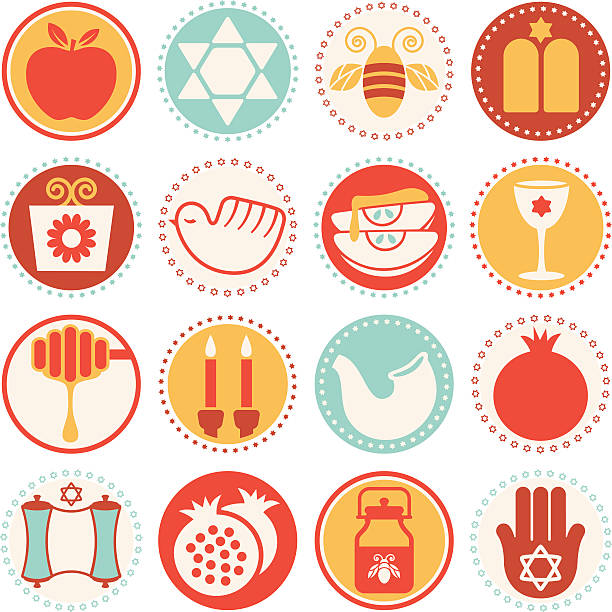 rosh hashanah-yom kippur - circle icons/seals - şofar illüstrasyonlar stock illustrations