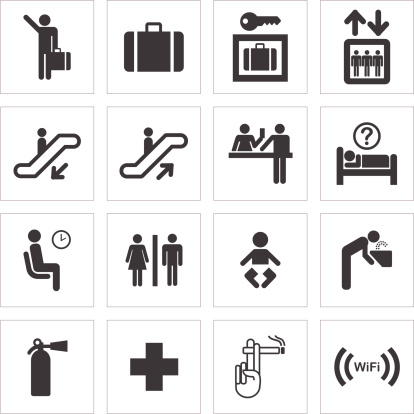Collection of icons for public transport, travel and facilities.