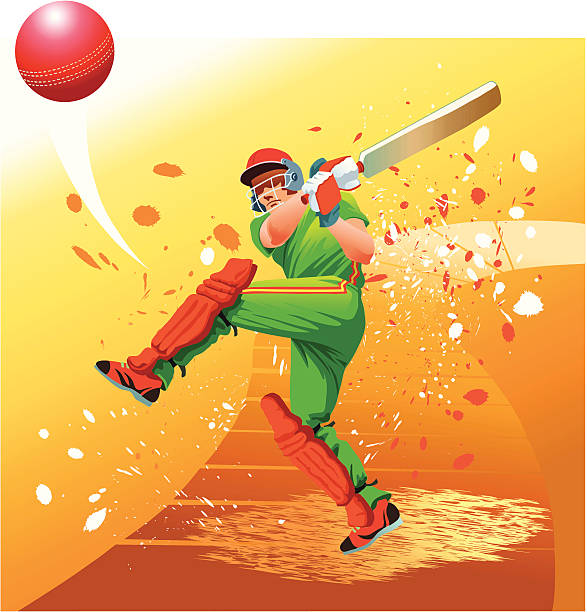 cricket-spieler schlägt der ball für sechs personen - cricket stock-grafiken, -clipart, -cartoons und -symbole
