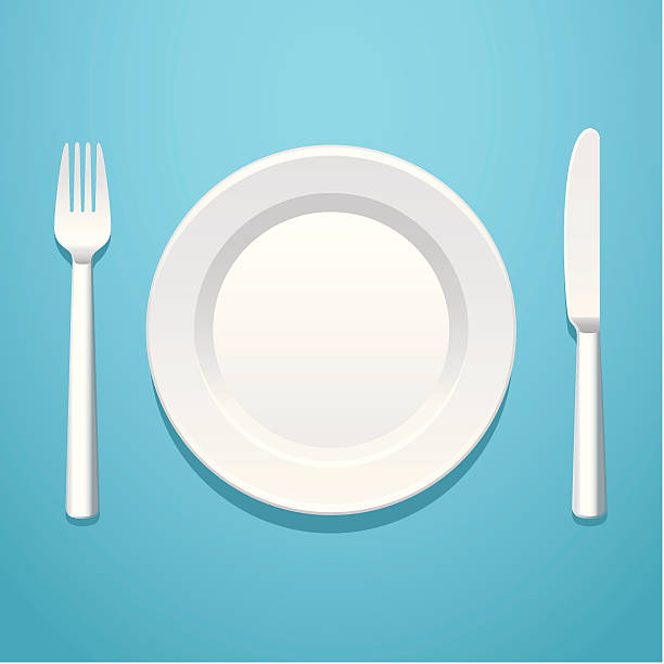 A place setting with a knife, fork, and plate Place setting on the blue tablecloth eating utensil illustrations stock illustrations