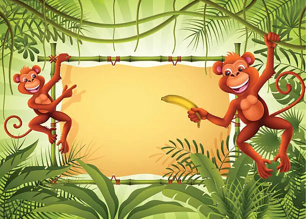 Vector illustration of Monkeys with banner in the jungle